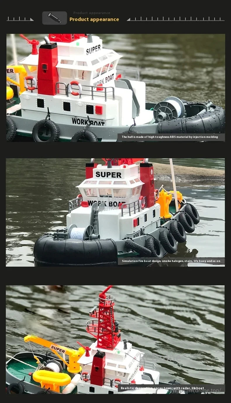 60cm Fire Rescue Water Spray RC Boat, 60cm fire rescue RC boat with ABS hull, spray tower, radar, lifeboat, smoke halogen, stairs, life buoy, and realistic features for lifelike operation.
