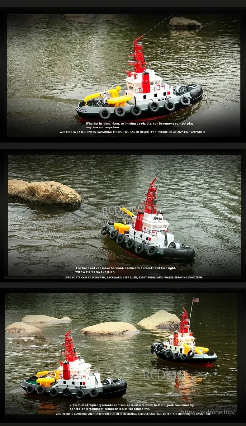 60cm Fire Rescue Water Spray RC Boat, 60cm RC fire rescue boat with water spray, 2.4G anti-interference control, moves forward, backward, left, right—ideal for lakes, rivers, pools.
