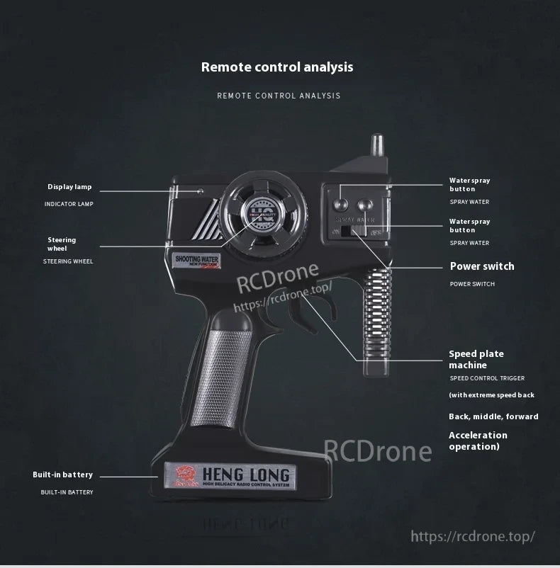 60cm Fire Rescue Water Spray RC Boat, Features light, steering wheel, water spray, power switch, speed control, and battery. Compatible with HENG LONG 60cm RC boat for realistic, seamless operation.