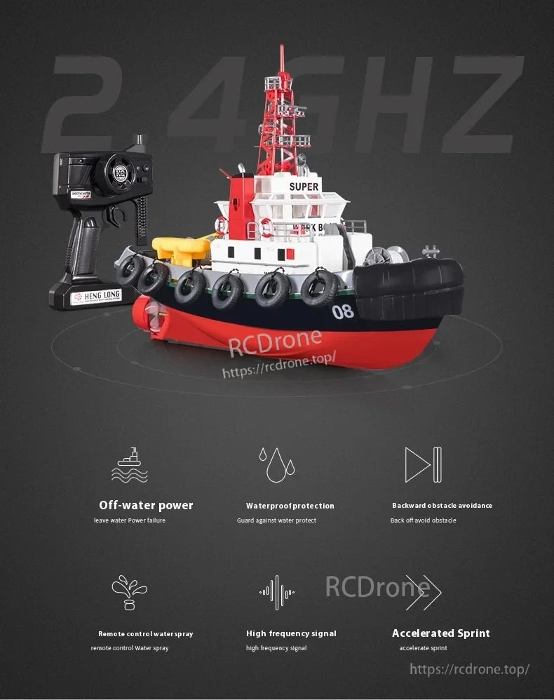 60cm Fire Rescue Water Spray RC Boat, 60cm RC boat with 2.4GHz control, water spray, obstacle avoidance, waterproofing, off-water power, high-frequency signal, and sprint acceleration for fire rescue simulations. (24 words)