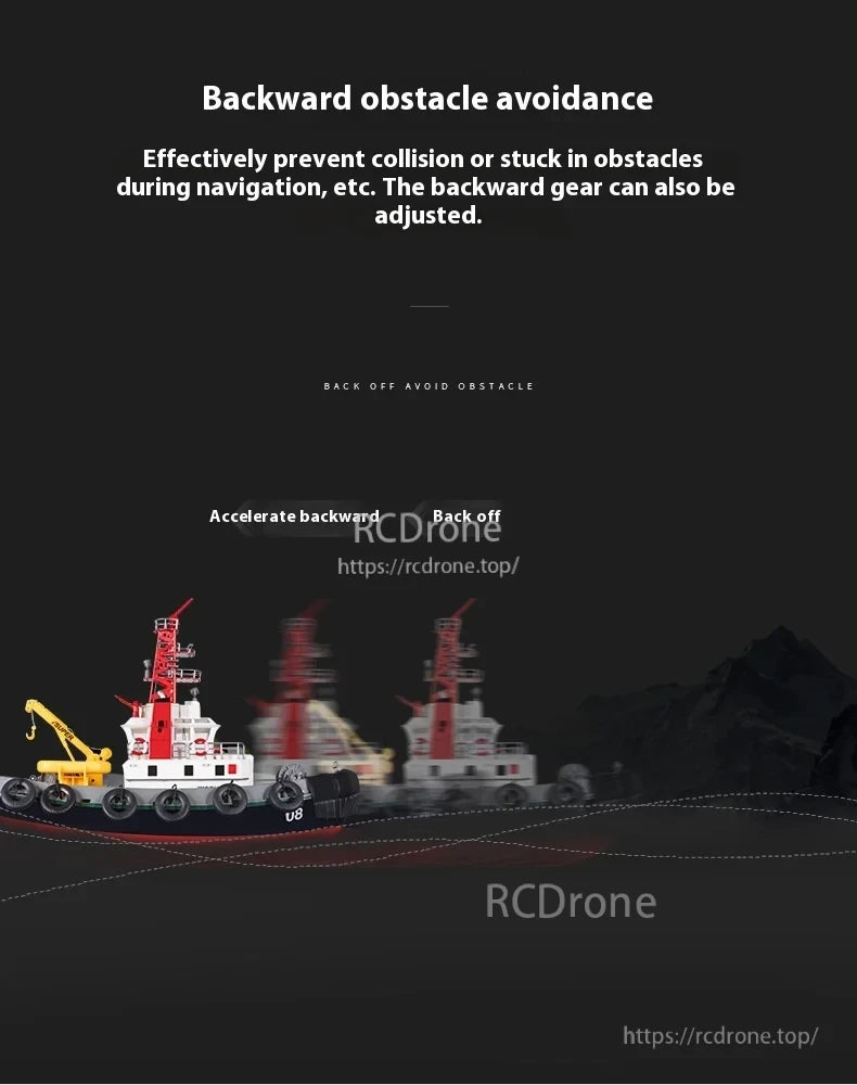 60cm Fire Rescue Water Spray RC Boat, Backward obstacle avoidance: prevent collision, adjust reverse gear, accelerate or back off.