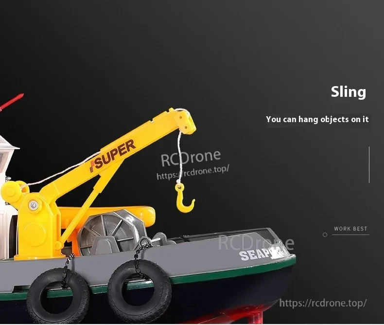 60cm Fire Rescue Water Spray RC Boat, Yellow SUPER crane with sling effectively hangs objects; SEAPORT boat operates optimally in work scenarios. (24 words)
