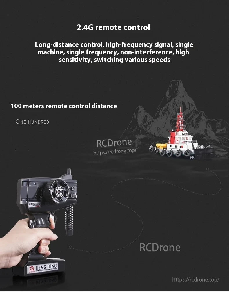 60cm Fire Rescue Water Spray RC Boat, HENG LONG 2.4G remote control with 100m range, high sensitivity, multi-speed settings, and non-interference technology for reliable drone operation.