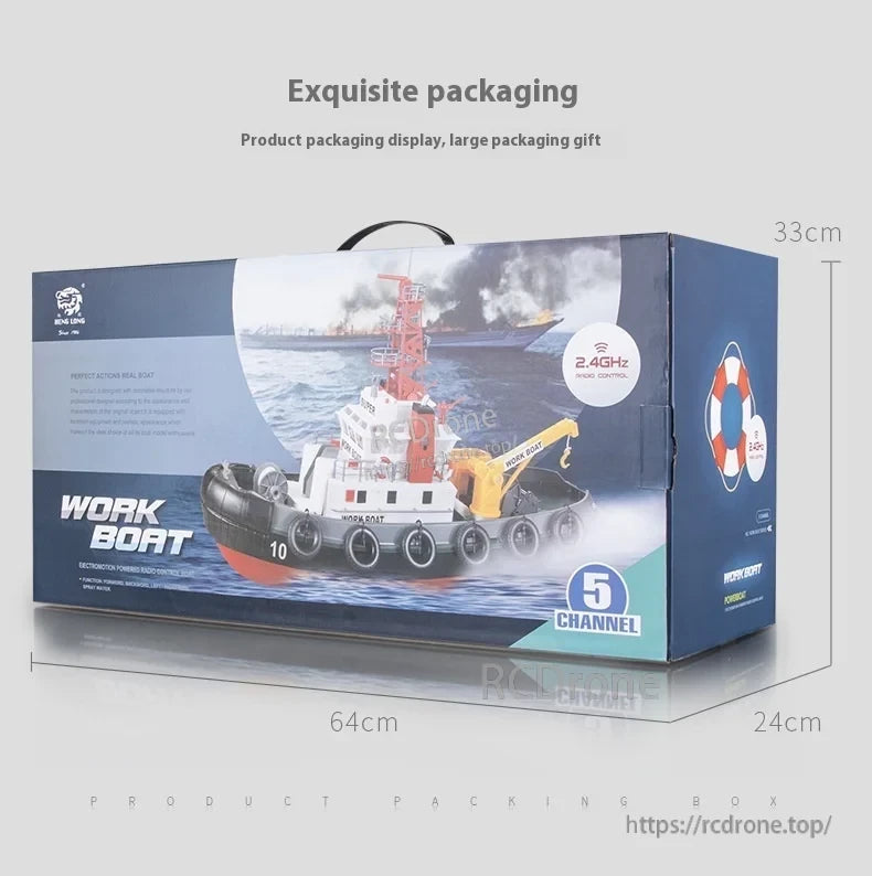 60cm Fire Rescue Water Spray RC Boat, 60cm remote-controlled fire rescue boat with 2.4GHz, 5-channel operation, water spray function, and elegant gift box packaging—ideal for gifting and realistic play.