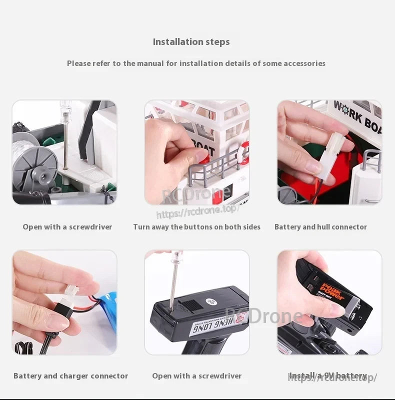 60cm Fire Rescue Water Spray RC Boat, Open hull with screwdriver, adjust buttons, connect battery and charger, attach 9V battery to complete RC boat setup.