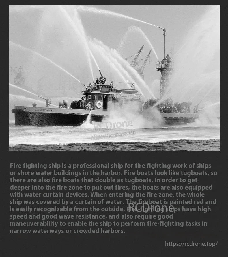60cm Fire Rescue Water Spray RC Boat, A red, tugboat-like firefighting ship with high speed, maneuverability, and water curtains for effective harbor fire control in tight spaces.