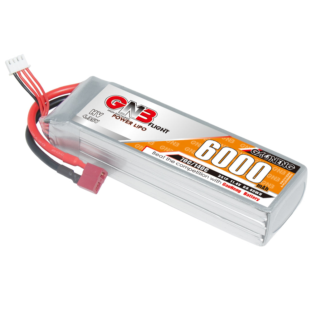 GNB 3S 11.4V 6000mAh 70C LiHV LiPo battery with T-plug and balance lead, angled view