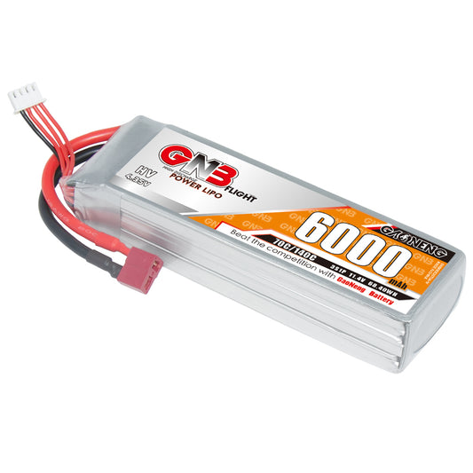 GNB 3S 11.4V 6000mAh 70C LiHV LiPo battery with T-plug and balance lead, angled view