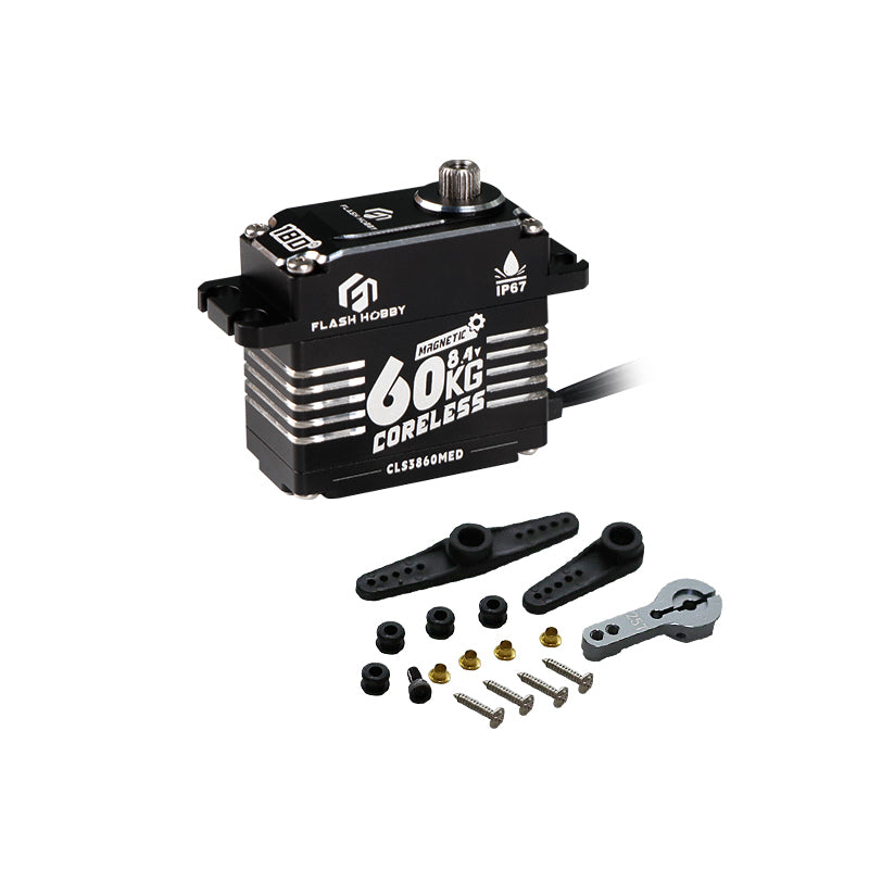 Flashhobby CLS3860MED 60kg 8.4V coreless digital servo with IP67 case, 25T spline and mounting hardware