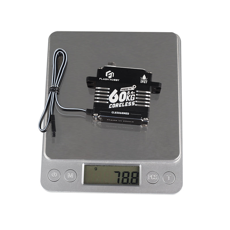 Flashhobby CLS3860MED coreless digital servo labeled 60KG 8.4V and IP67, on a scale reading 78.8 g