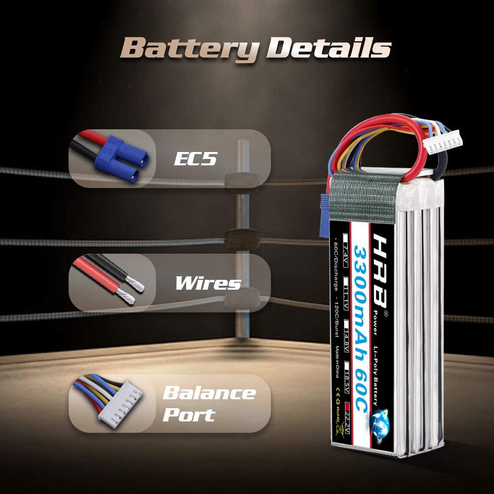 Battery details graphic showing EC5 plug, power wires, and balance port leads on HRB LiPo pack