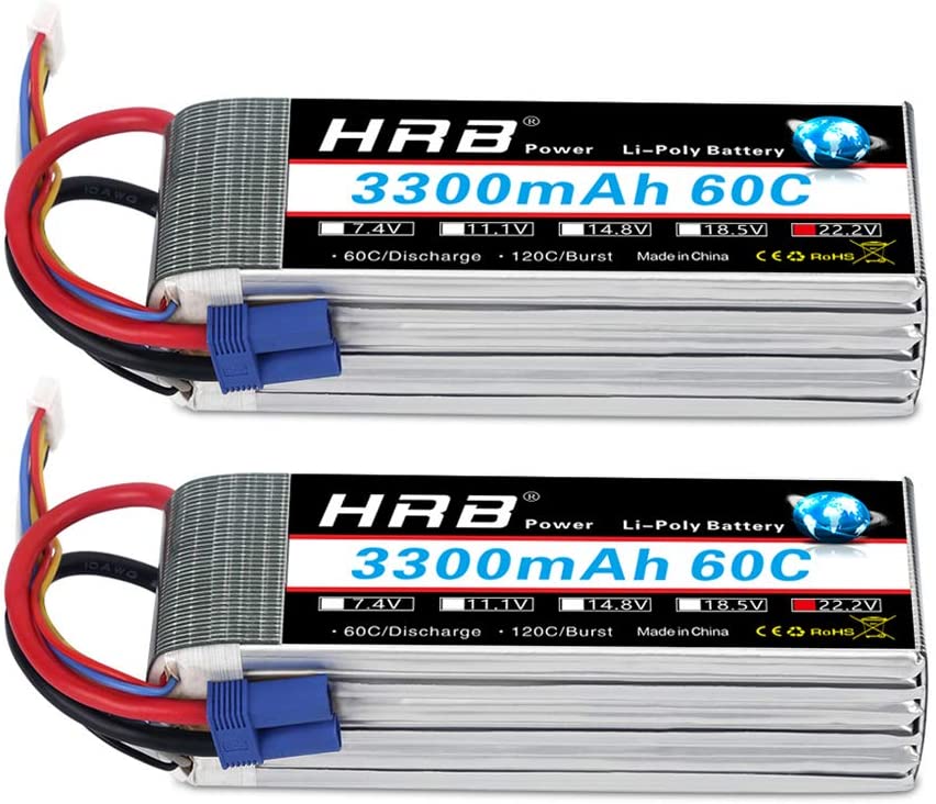 HRB 6S 3300mAh 22.2V 60C LiPo battery pack pair with EC5 connector and balance lead