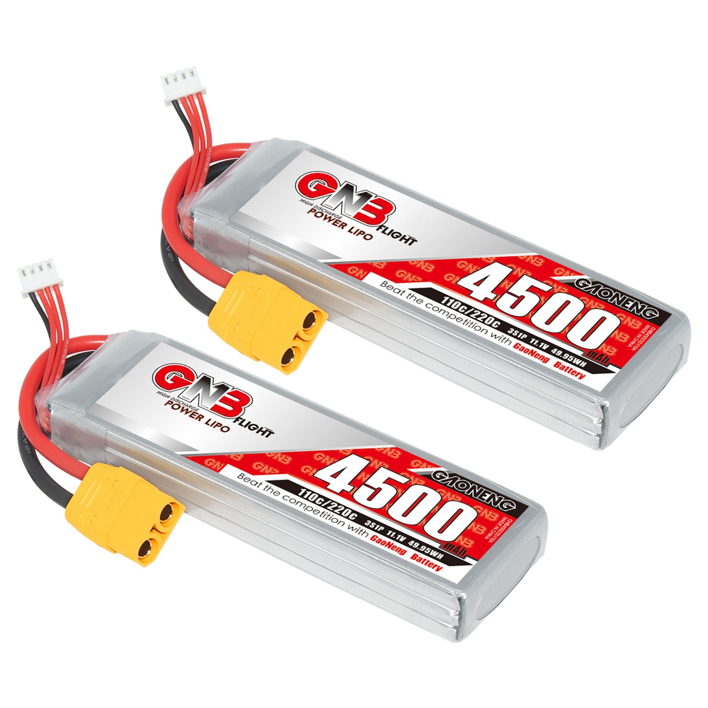 Two GAONENG GNB 4500mAh 3S LiPo packs shown together with XT90 connectors and balance plugs