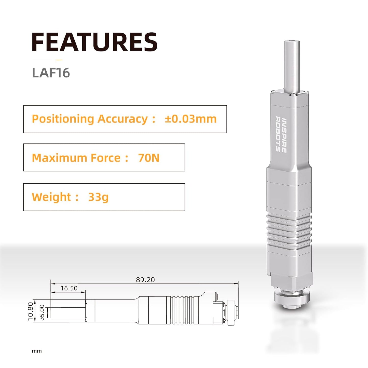 The LAF16 micro linear servo delivers 70N force, ±0.03mm accuracy, weighs 33g, and has a 16mm stroke.