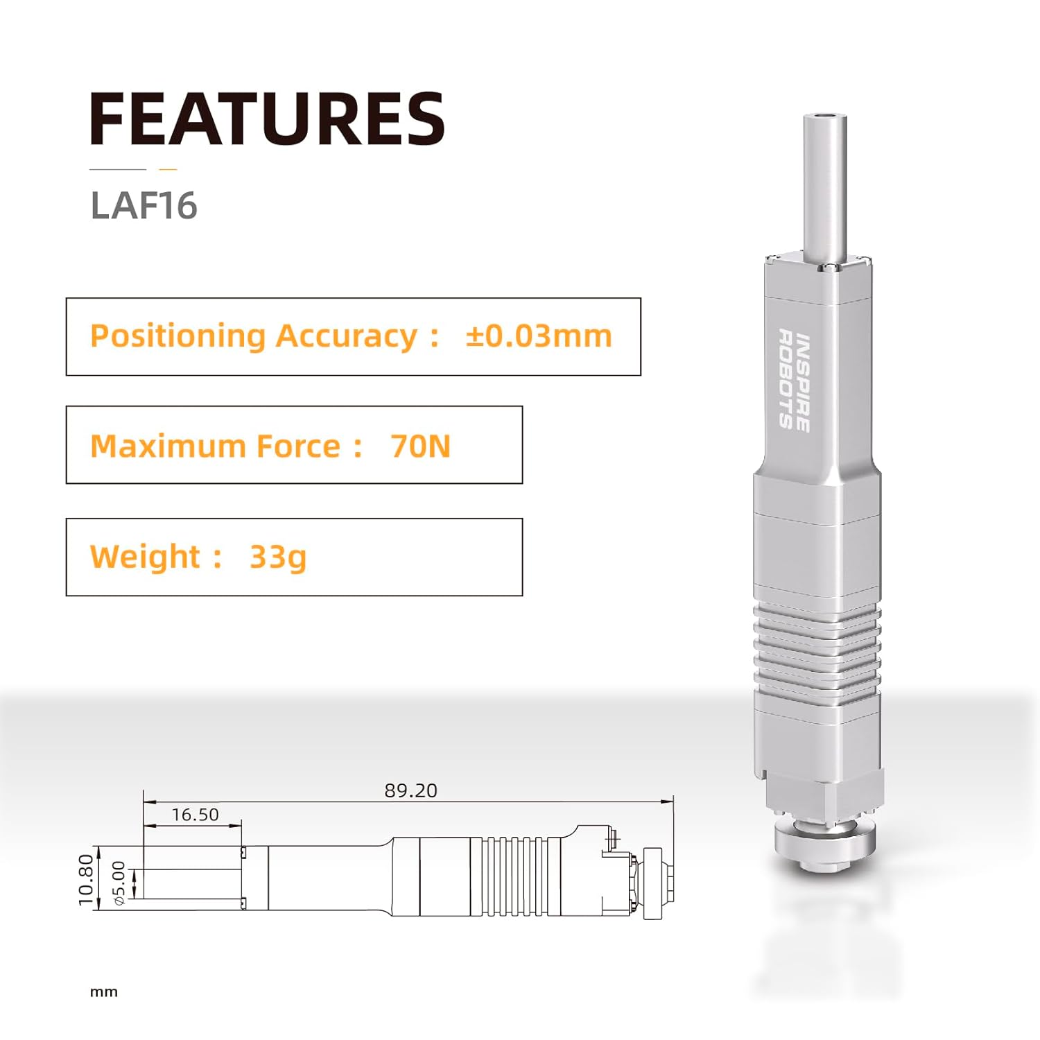 The LAF16 micro linear servo delivers 70N force, ±0.03mm accuracy, weighs 33g, and has a 16mm stroke.