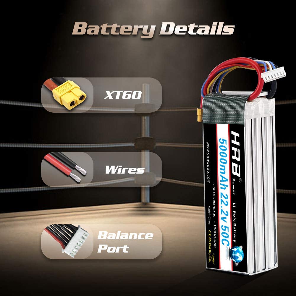 Battery details graphic showing XT60 plug, wire gauge, and balance port on HRB 6S LiPo