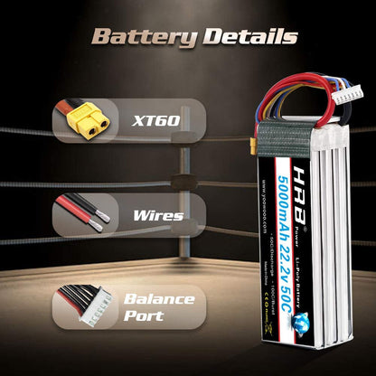 Battery details graphic showing XT60 plug, wire gauge, and balance port on HRB 6S LiPo