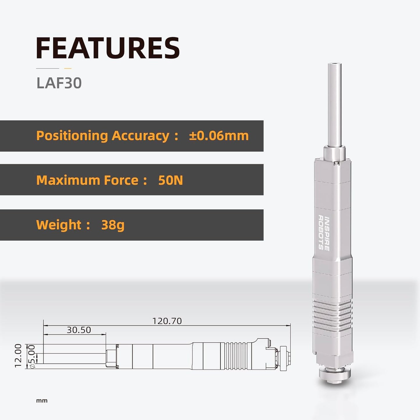 The Inspire Robots LAF30 Micro Linear Servo Actuator features a 30mm stroke, 50N force, and ±0.06mm precision.