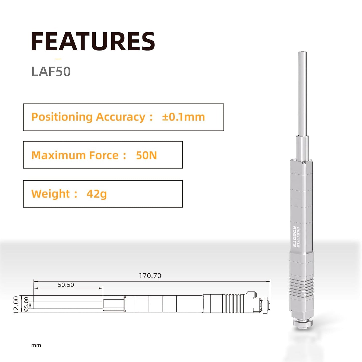 The LAF50 micro linear servo offers 50mm stroke, 50N force, ±0.1mm accuracy, and weighs 42g.