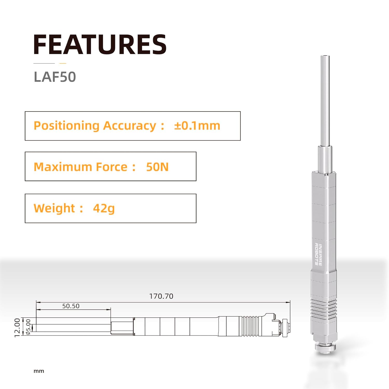 The LAF50 micro linear servo offers 50mm stroke, 50N force, ±0.1mm accuracy, and weighs 42g.