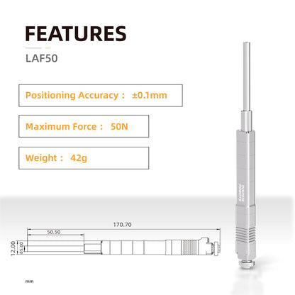 The LAF50 micro linear servo offers 50mm stroke, 50N force, ±0.1mm accuracy, and weighs 42g.