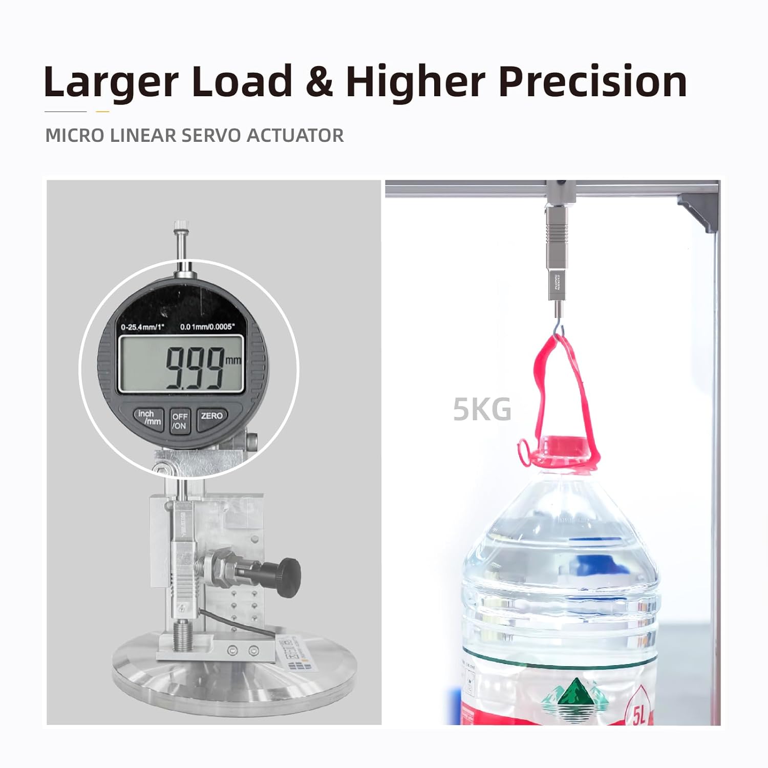 Micro linear servo actuator: 50N force, 30mm stroke, ±0.06mm precision, supports 5KG load, high accuracy measurement.