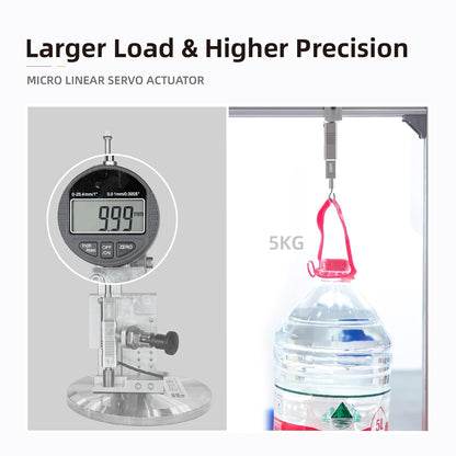 Micro linear servo actuator: 50N force, 30mm stroke, ±0.06mm precision, supports 5KG load, high accuracy measurement.