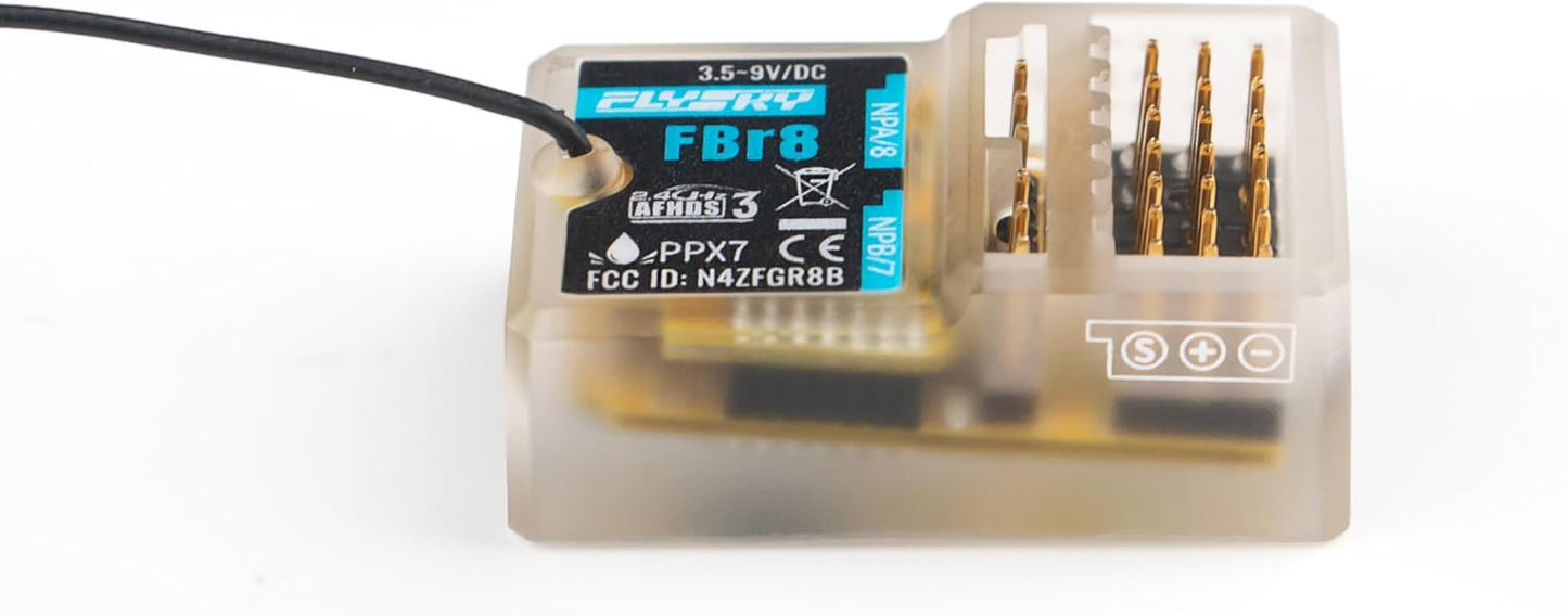 Flysky FBr8 receiver side angle showing 3.5–9V input marking, signal pins, and antenna lead