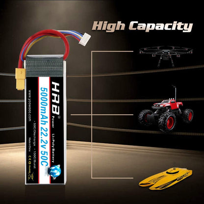 High capacity graphic showing HRB battery with RC drone, off-road truck, and boat icons