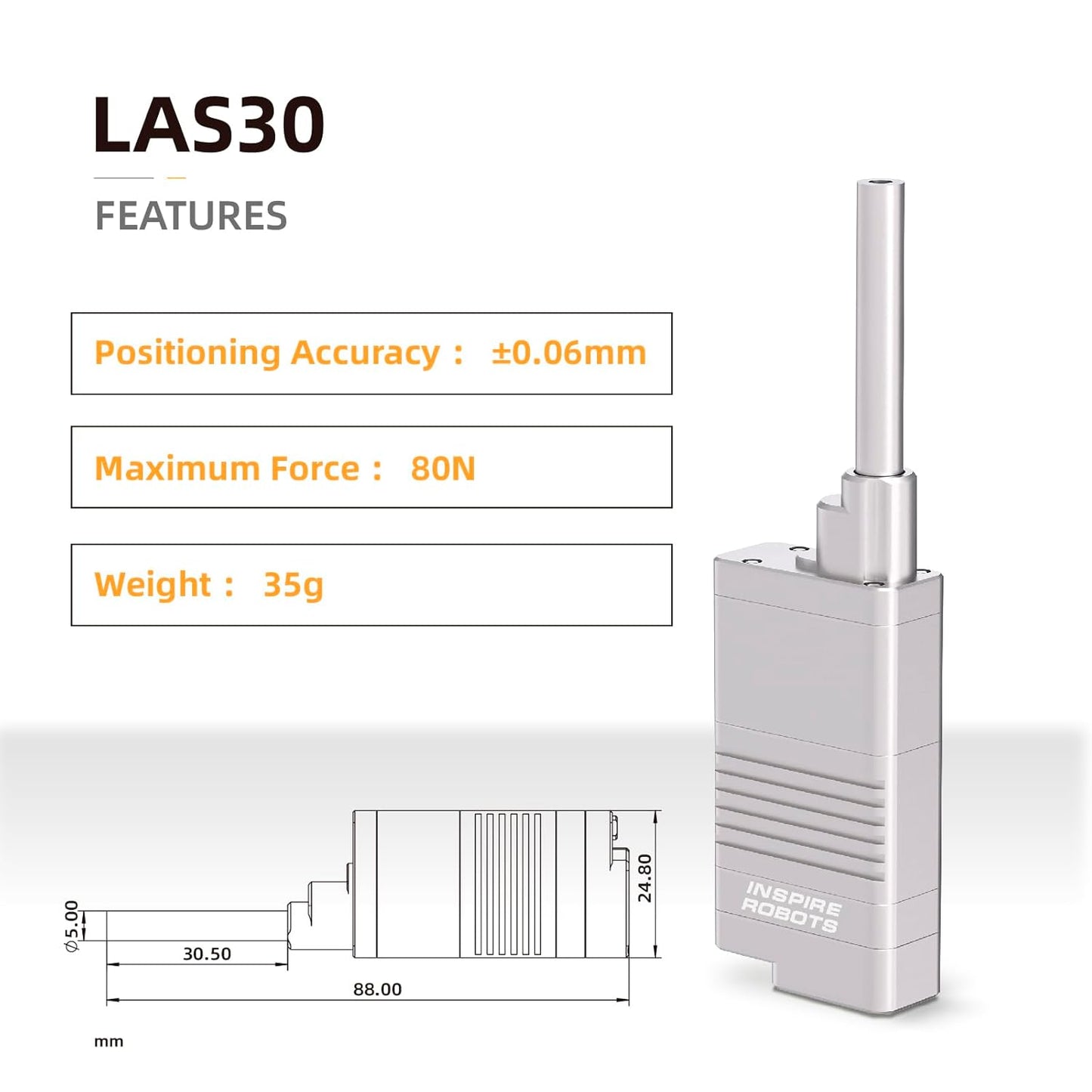 The LAS30 micro linear servo actuator offers 30mm stroke, 80N force, ±0.06mm accuracy, weighs 35g, and is made by Inspire Robots.