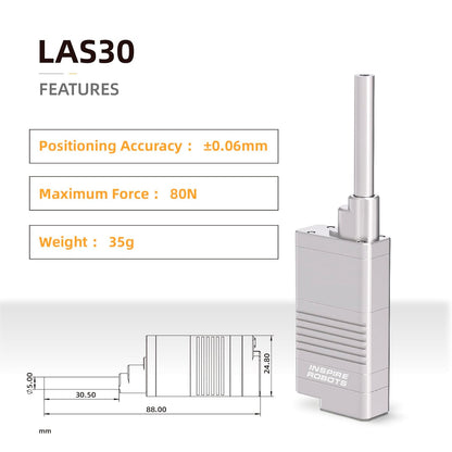 The LAS30 micro linear servo actuator offers 30mm stroke, 80N force, ±0.06mm accuracy, weighs 35g, and is made by Inspire Robots.