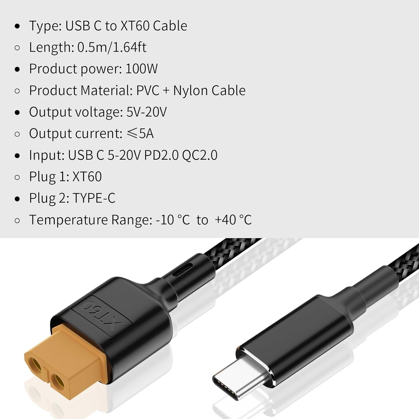 Type-C to XT60 Female Connector Charging Cable, Type-C to XT60 charging cable for connecting devices up to 100W.