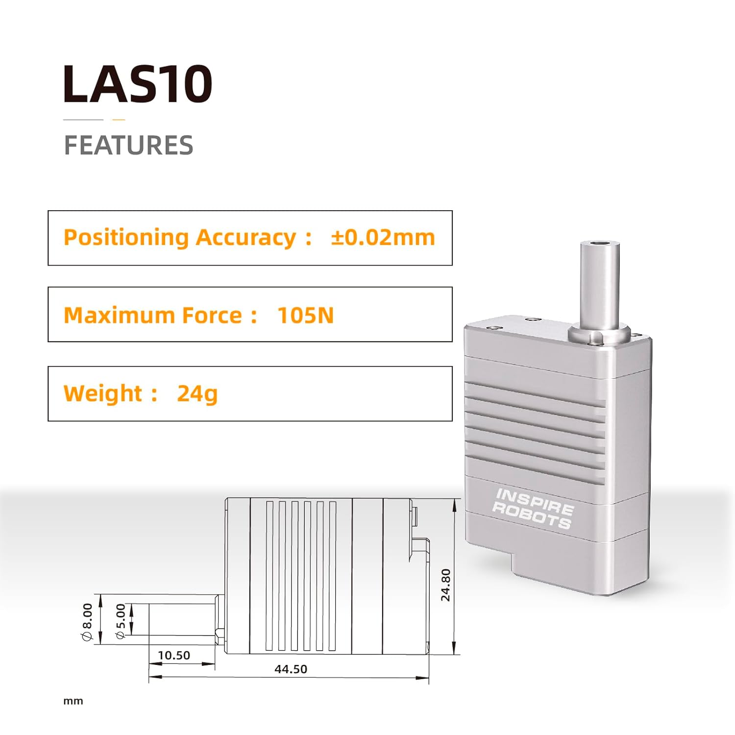 Inspire Robots LAS10 Micro Linear Servo Actuator, 10mm Stroke, 105N Max Force, ±0.02mm Precision, Compact Design