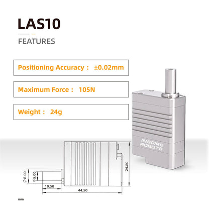Inspire Robots LAS10 Micro Linear Servo Actuator, 10mm Stroke, 105N Max Force, ±0.02mm Precision, Compact Design