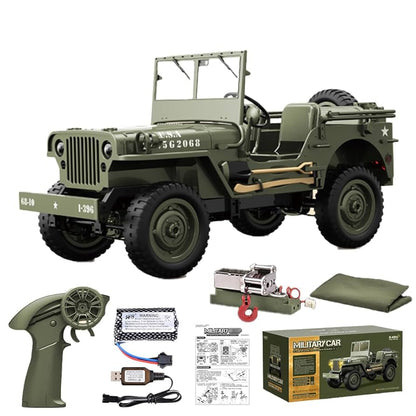JJRC C8815 1/10 WILLYS JEEP RC Car, 1/10 scale military RC jeep with 4WD, 2.4G remote, 7.4V lithium battery, LED lights, and accessories included.