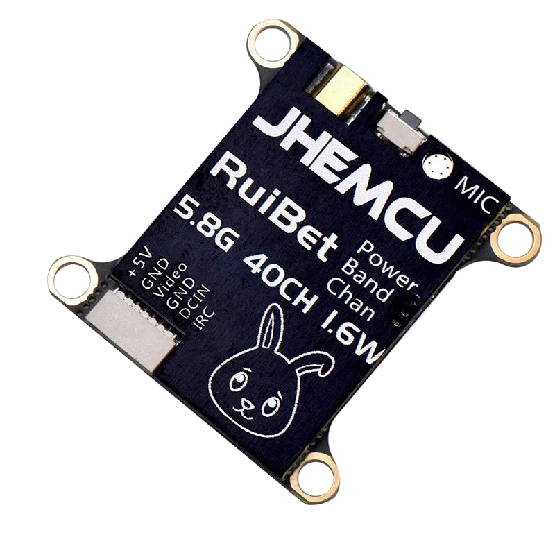 JHEMCU RuiBet Tran-3016W 5.8G 40CH 1.6W FPV VTX top side, MIC marking and solder pad labels