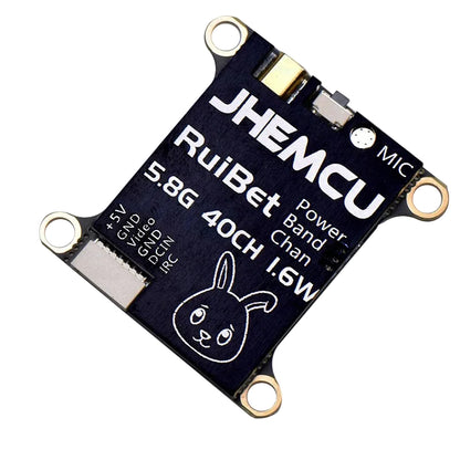 JHEMCU RuiBet Tran-3016W 5.8G 40CH 1.6W FPV VTX top side, MIC marking and solder pad labels