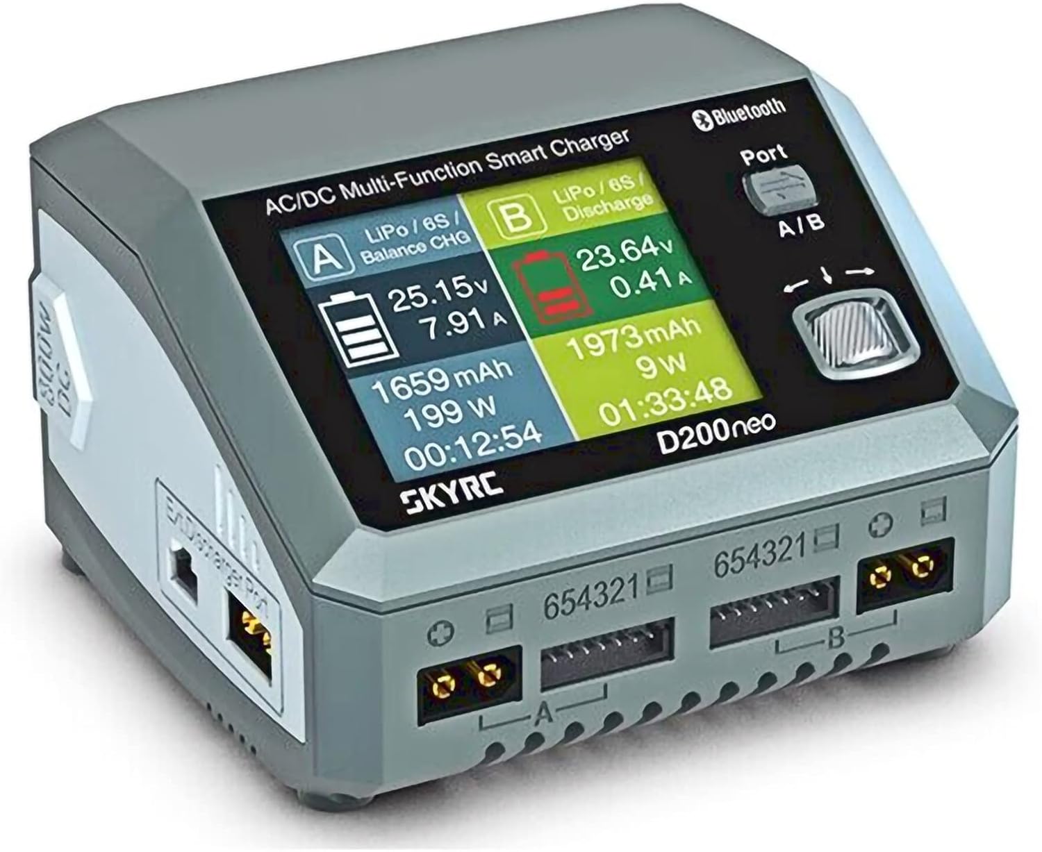 SkyRC D200neo smart charger with color display showing dual A/B LiPo charge channels and front connector ports