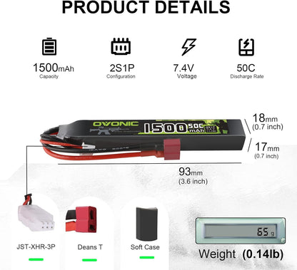 Product details: 7.4V 1500mAh 2S1P 50C LiPo with JST-XHR-3P balance lead, Deans T plug, size and weight
