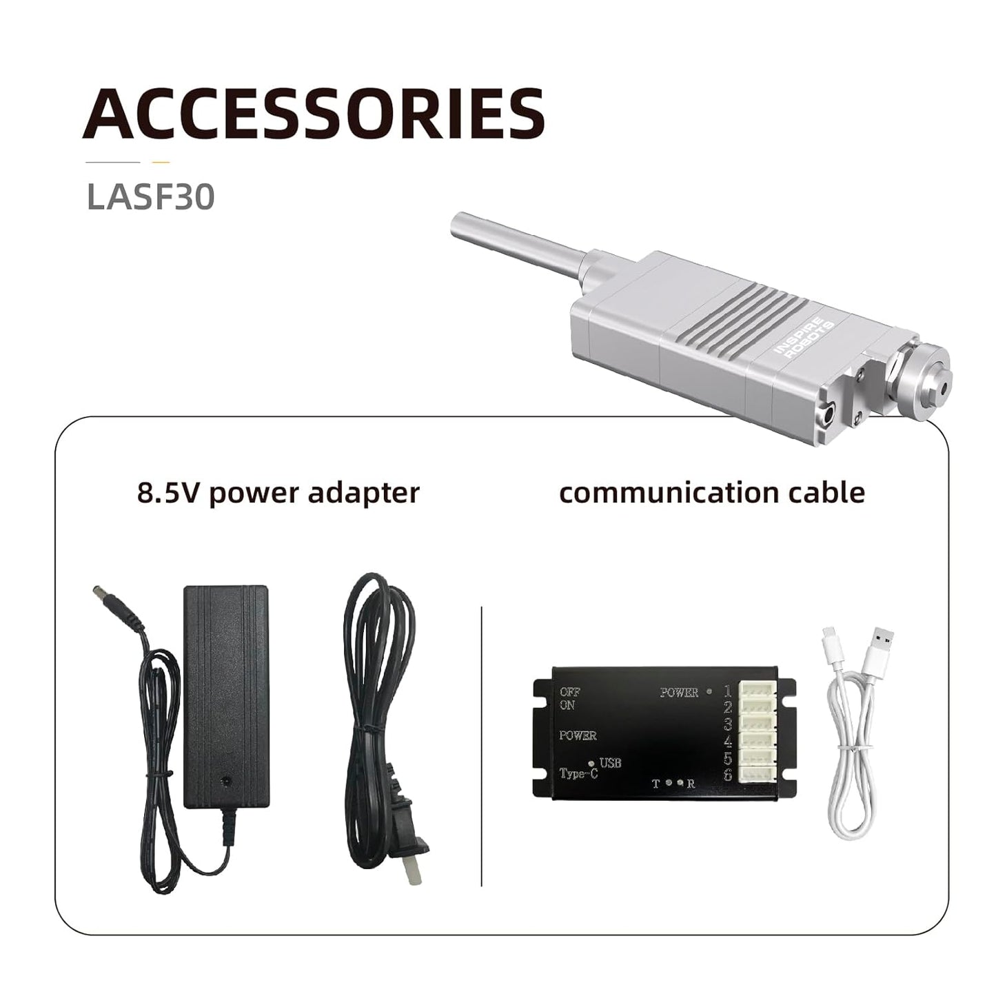 LASF30 accessories: 8.5V power adapter and USB Type-C communication cable.