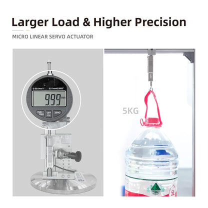 Compact linear servo with 50mm stroke, 50N force, ±0.1mm precision, digital display, and 5KG capacity.