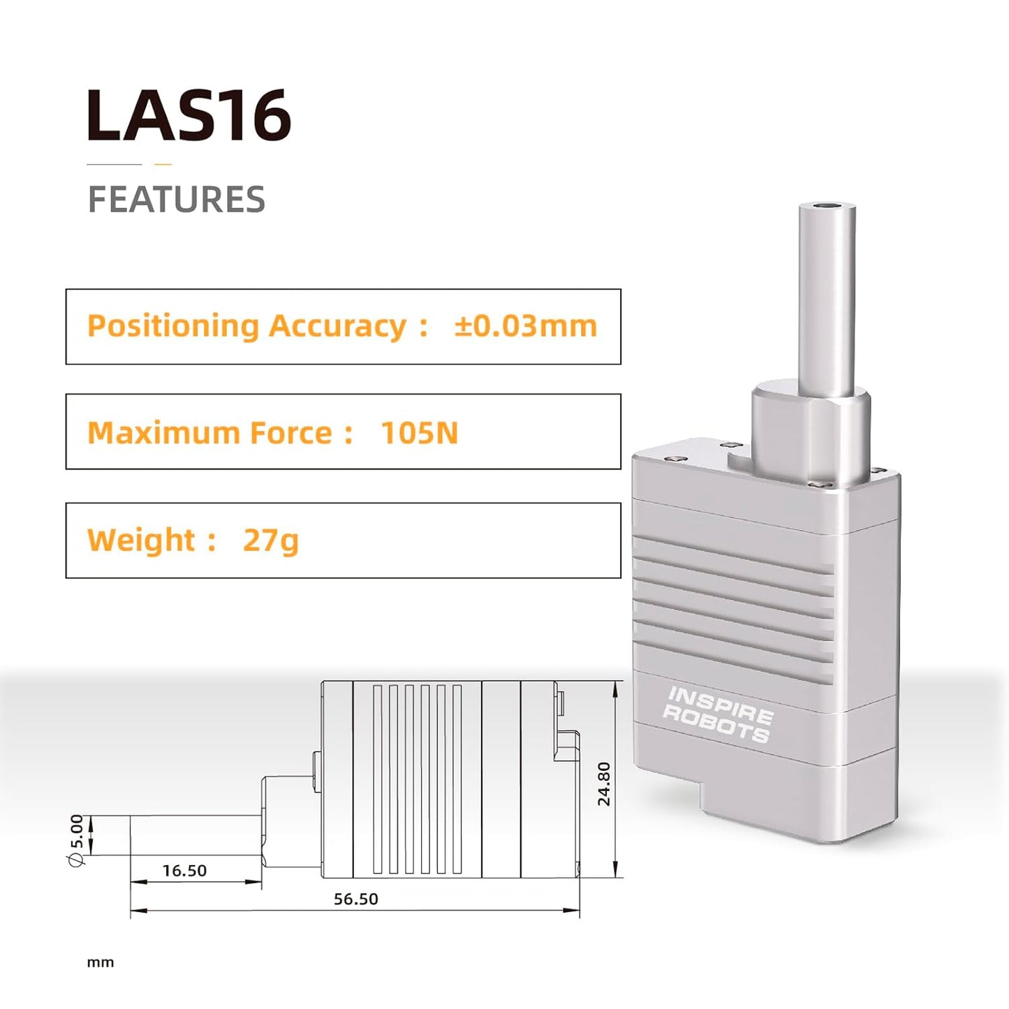 The LAS16 micro linear servo offers 16mm stroke, 105N force, ±0.03mm accuracy, and weighs 27g.