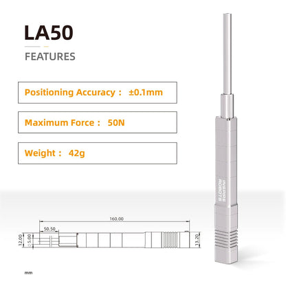 The LA50 micro linear servo delivers 50N force, ±0.1mm accuracy, weighs 42g, and has a 50mm stroke.