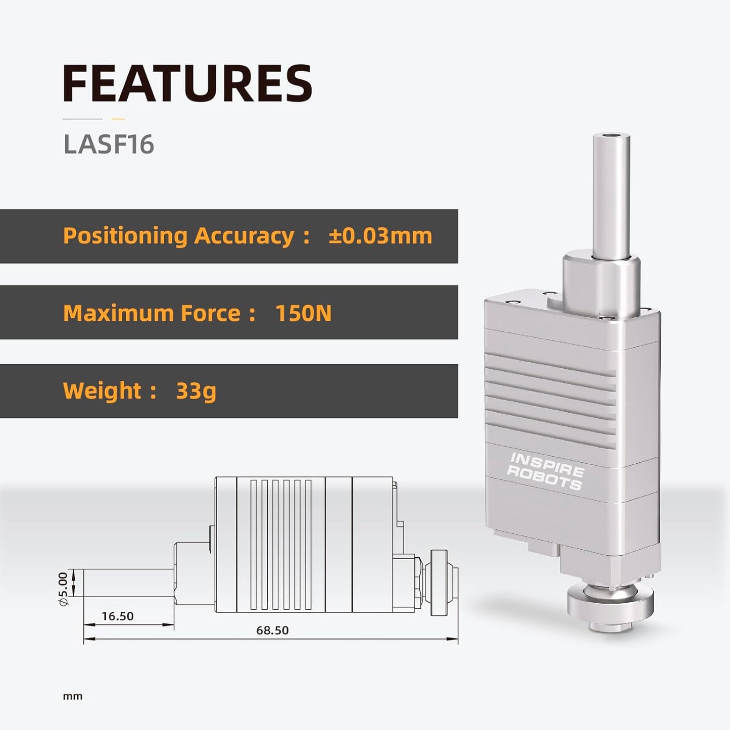 The LASF16 micro linear servo offers ±0.03mm accuracy, 150N force, 33g weight, and 16mm stroke.