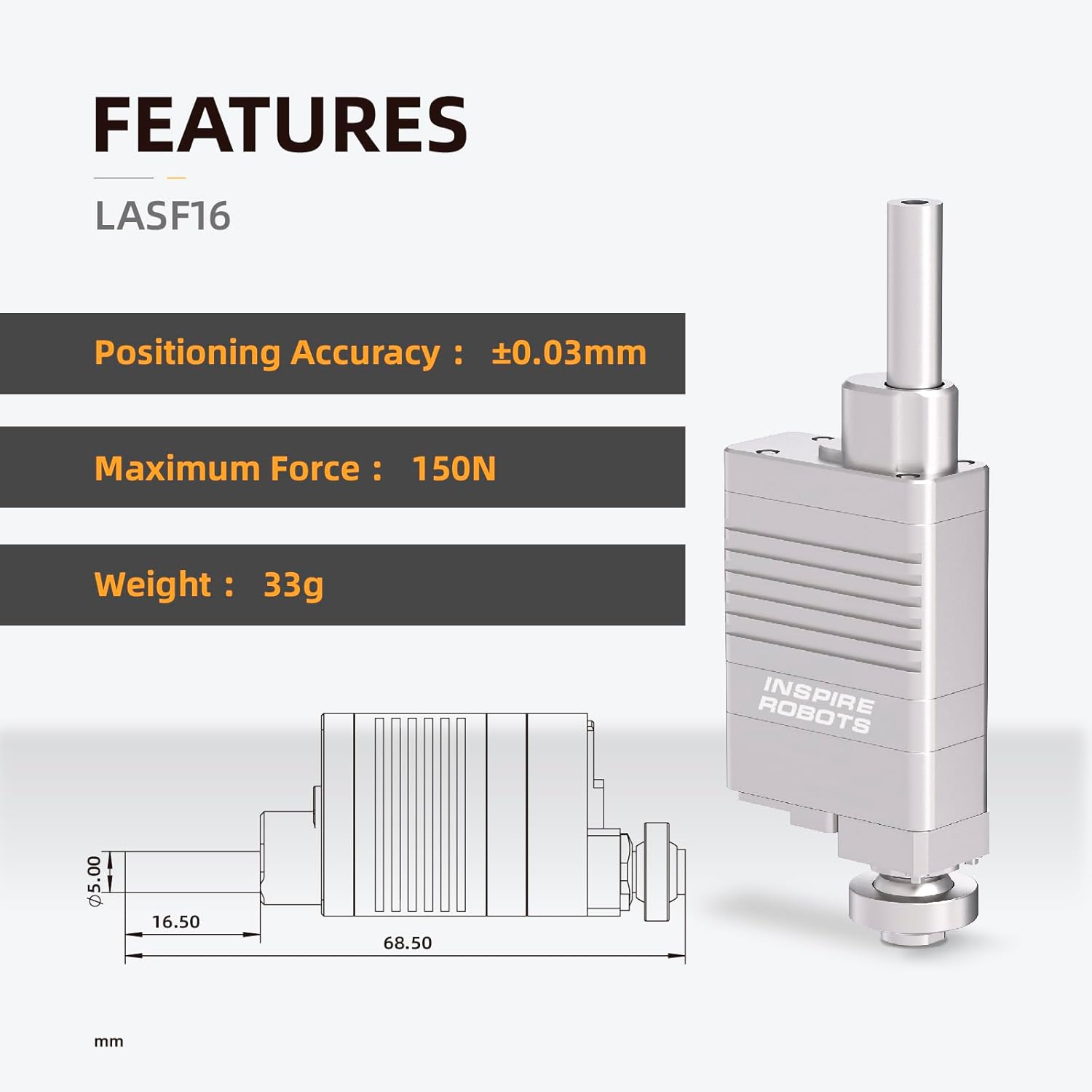 The LASF16 micro linear servo offers ±0.03mm accuracy, 150N force, 33g weight, and 16mm stroke.