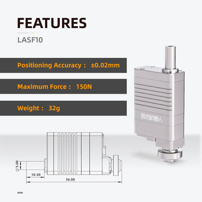 The LASF10 micro linear servo offers a 10mm stroke, 150N force, ±0.02mm accuracy, and weighs 32g.