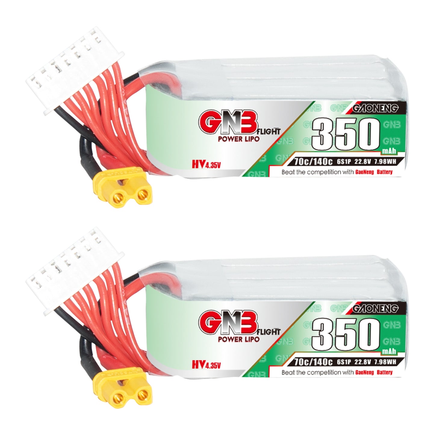 GAONENG GNB LiHV 6S 350mAh 70C battery with XT30 plug and 6S balance lead, side label view