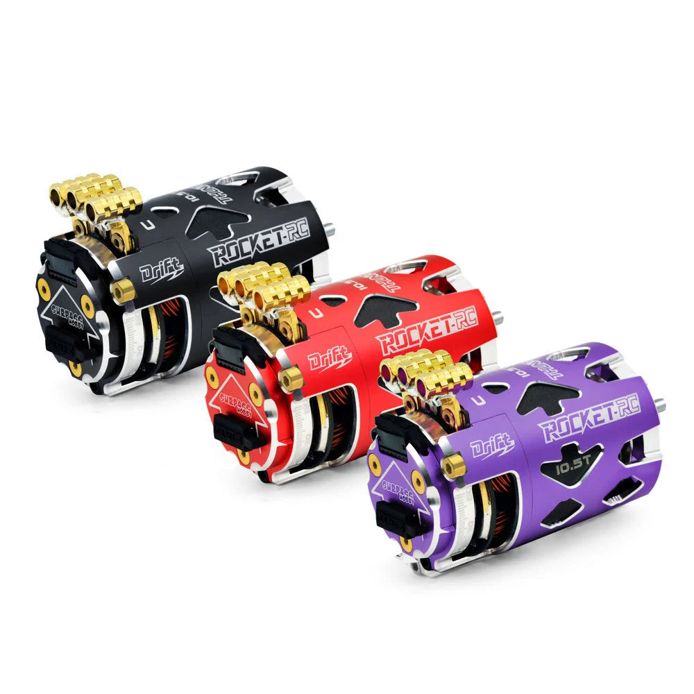 Rocket-RC Thunder 540 sensored brushless motor lineup in black, red, and purple finishes