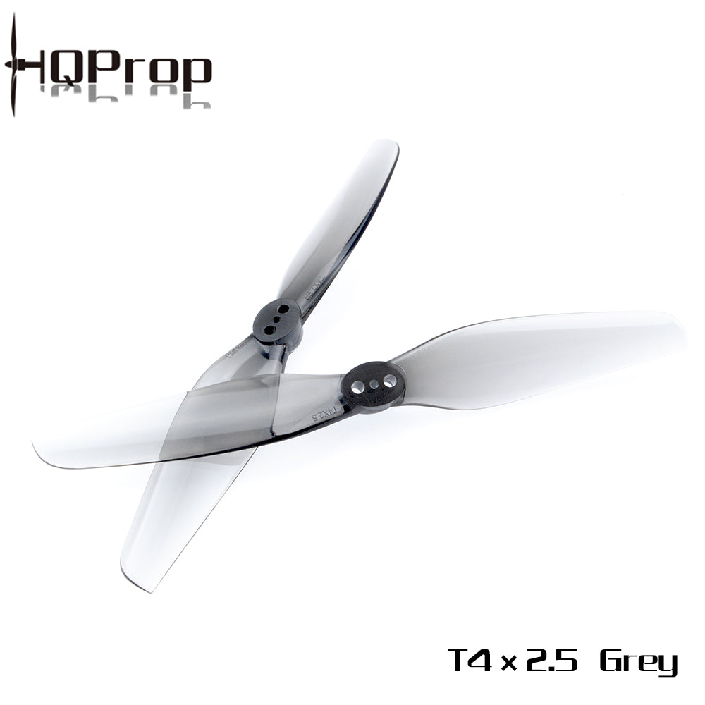 HQProp T4x2.5 Grey propellers product graphic showing three 2-blade props and printed model text
