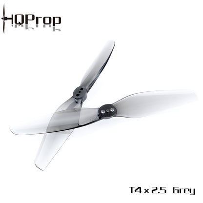HQProp T4x2.5 Grey propellers product graphic showing three 2-blade props and printed model text